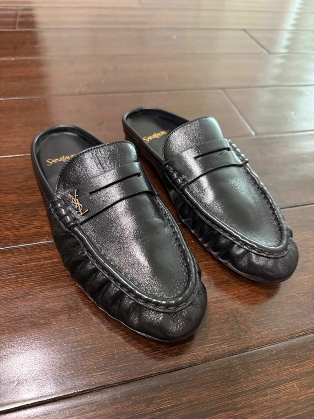 Saint Laurent Black Leather Slip-On Loafers with Gold YSL Accent